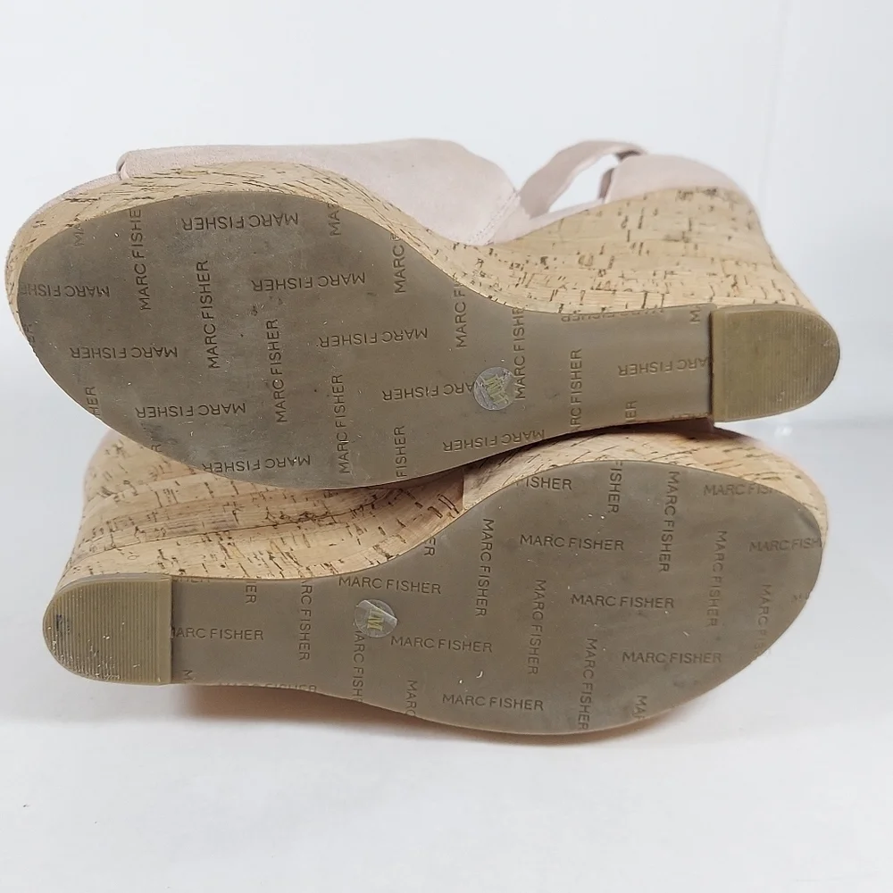 Marc Fisher HAYO Blush Pink Suede Cork Heel Wedges Scalloped Detail Size 11